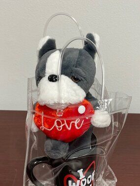 Unbranded Coffee Mug, Stuff Puppy, and Clear Bag - "I WOOF YOU" - NEW